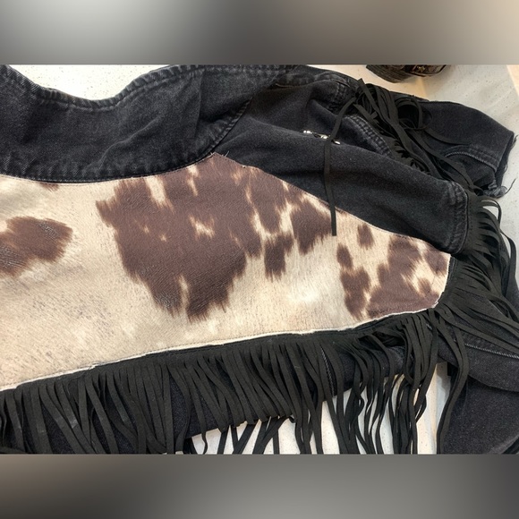 Black Denim Cow Horse Fringe Distressed Jean Jacket Longhorn Rodeo Western Bull - Picture 9 of 11